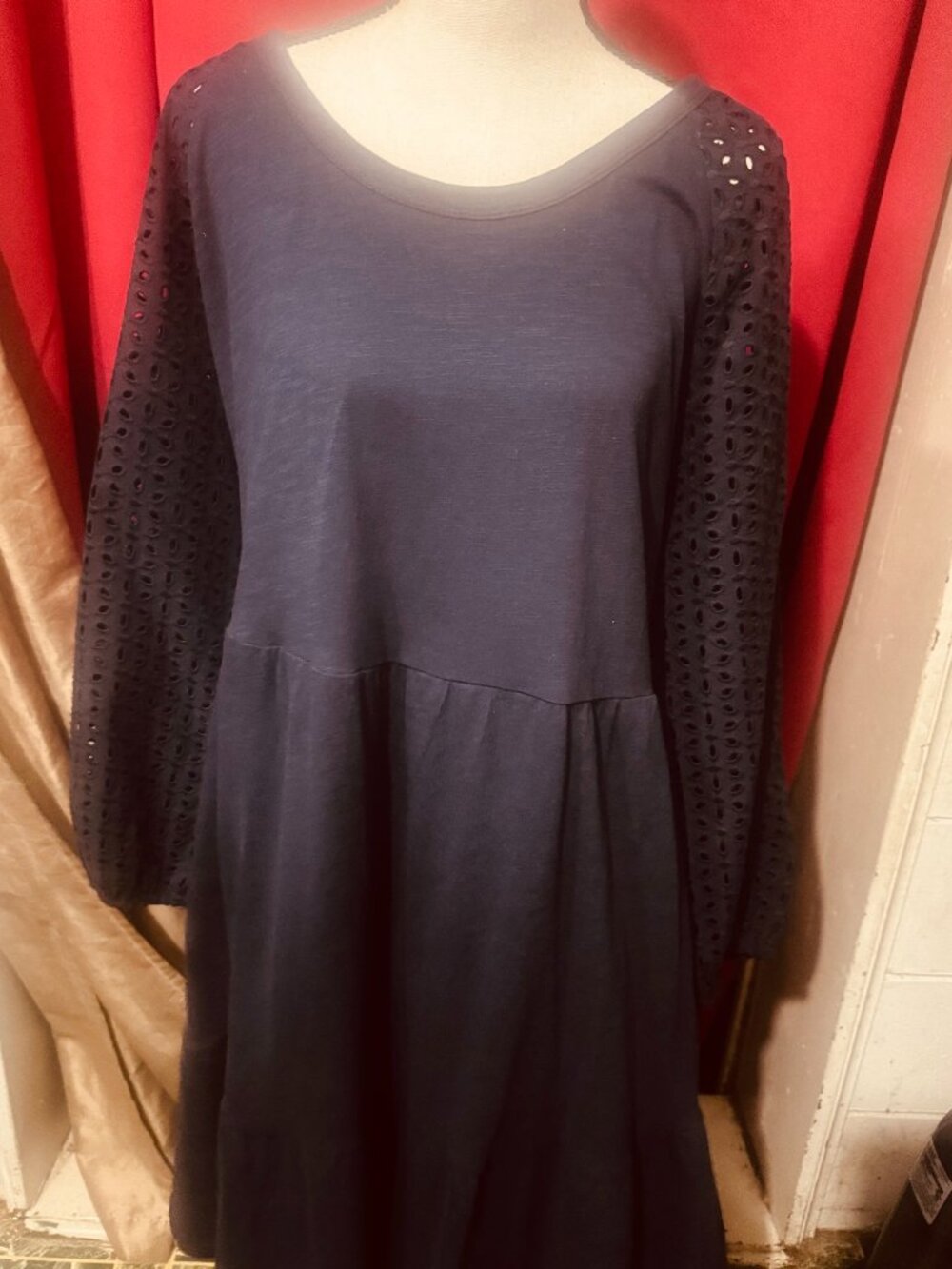 Time and Tru Navy Blue Tiered Knit Dress with Eyelet Sleeves
